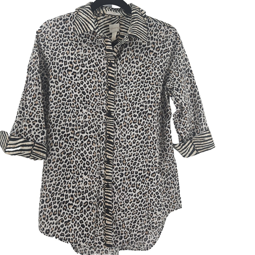Chico's Size 0 Non-iron Animal Print 3/4 Sleeve Button Up Blouse Top
